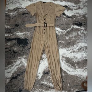 privy Lightweight Tan Short-Sleeve Belted Jumpsuit